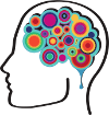 Mente Activa Logo: Outline of a human head facing left with coloured circles arranged in the shape of a brain inside the outline.